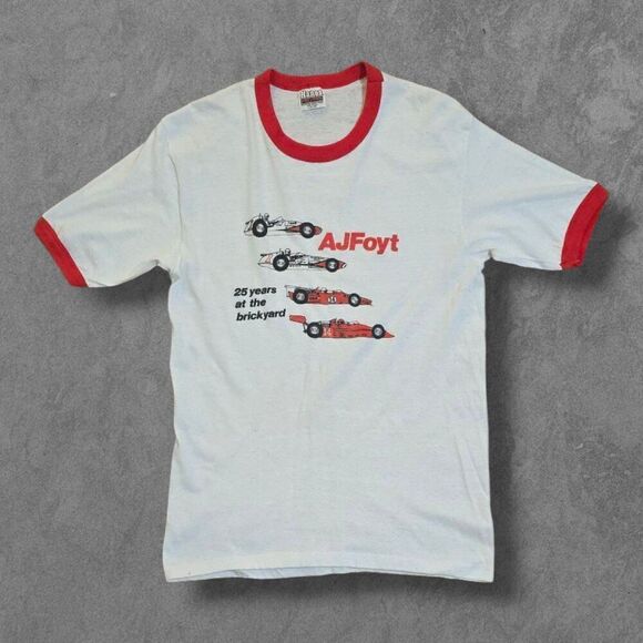 Vintage 80s AJ Foyt Racing T-Shirt Adult Large White F1 USA Made Ringer - Picture 1 of 5